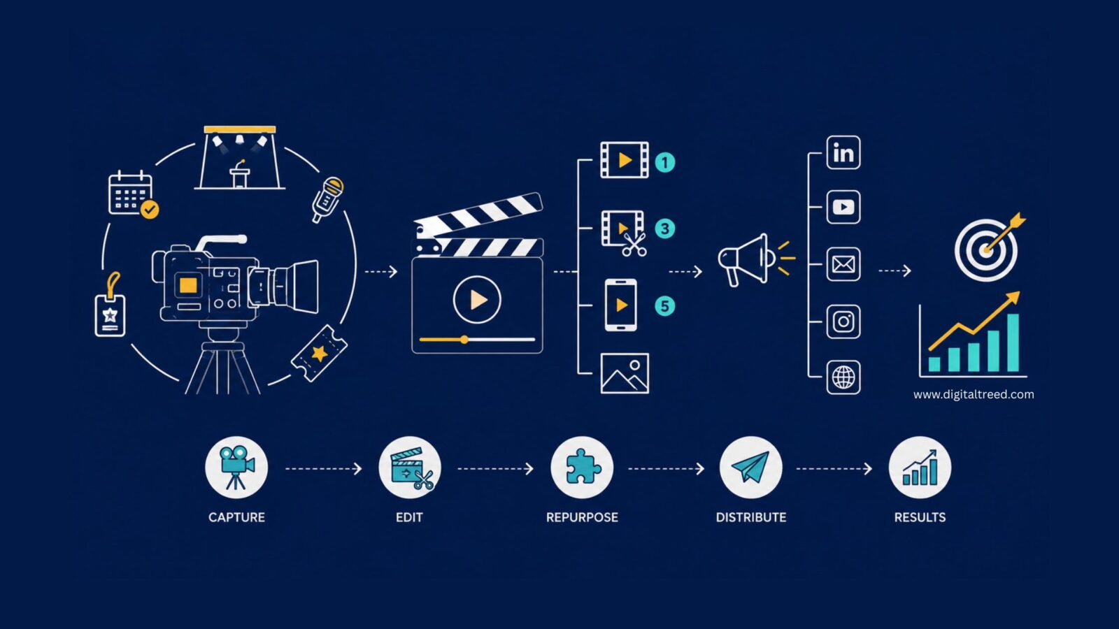 Infographic showing how event videography becomes year-round marketing content through video capture, editing, content repurposing, multi-channel distribution, SEO, and ROI tracking.