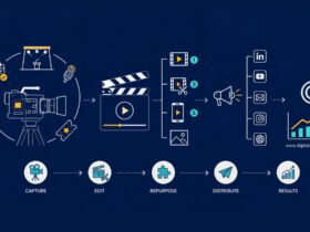 Infographic showing how event videography becomes year-round marketing content through video capture, editing, content repurposing, multi-channel distribution, SEO, and ROI tracking.
