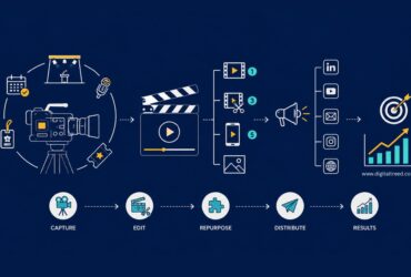 Infographic showing how event videography becomes year-round marketing content through video capture, editing, content repurposing, multi-channel distribution, SEO, and ROI tracking.