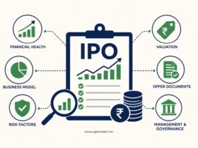 Infographic explaining how to evaluate an IPO before investing, featuring financial health, business model, risk factors, valuation, offer documents, and management and governance.