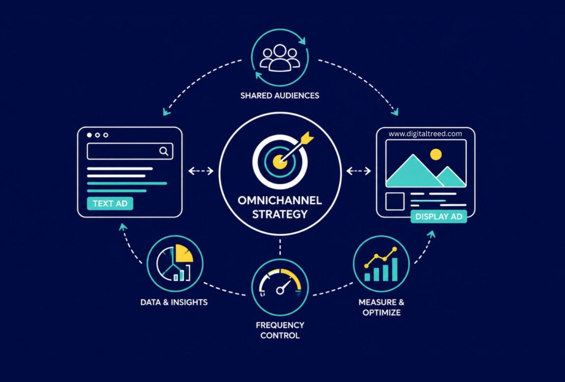 Infographic illustrating an omnichannel advertising strategy connecting text ads and display ads through shared audiences, data insights, frequency control, attribution, and performance optimization.