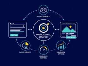 Infographic illustrating an omnichannel advertising strategy connecting text ads and display ads through shared audiences, data insights, frequency control, attribution, and performance optimization.