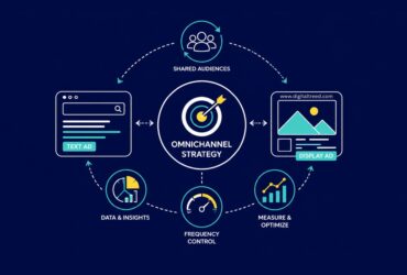 Infographic illustrating an omnichannel advertising strategy connecting text ads and display ads through shared audiences, data insights, frequency control, attribution, and performance optimization.