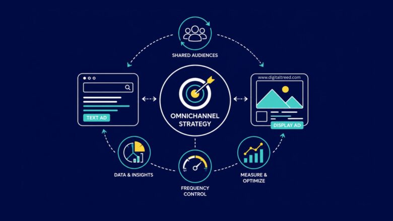 Infographic illustrating an omnichannel advertising strategy connecting text ads and display ads through shared audiences, data insights, frequency control, attribution, and performance optimization.