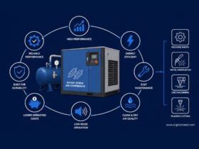 Infographic featuring a rotary screw air compressor for machine shops and metal fabrication, highlighting energy efficiency, durability, low operating costs, air quality, maintenance, and industrial applications.