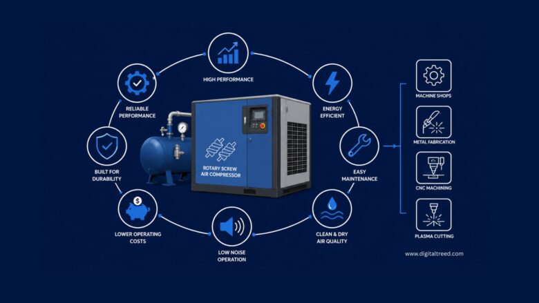 Infographic featuring a rotary screw air compressor for machine shops and metal fabrication, highlighting energy efficiency, durability, low operating costs, air quality, maintenance, and industrial applications.