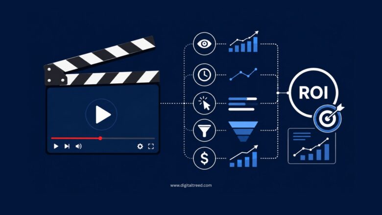 Infographic illustrating how to measure the real ROI of video content using engagement metrics, retention data, conversion funnels, analytics, and revenue tracking.