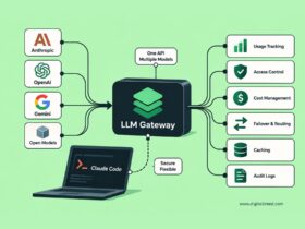 Infographic showing an LLM gateway connecting Claude Code with Anthropic, OpenAI, Gemini, and open AI models through one API, with routing, usage tracking, access control, caching, and audit logs.