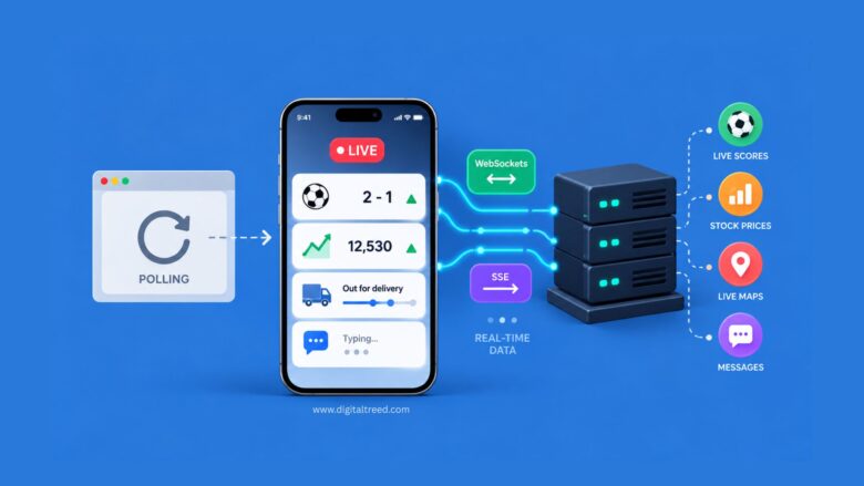 Infographic showing how real-time interfaces update app data without refreshing using polling, WebSockets, and Server-Sent Events for live scores, stock prices, maps, and messages.
