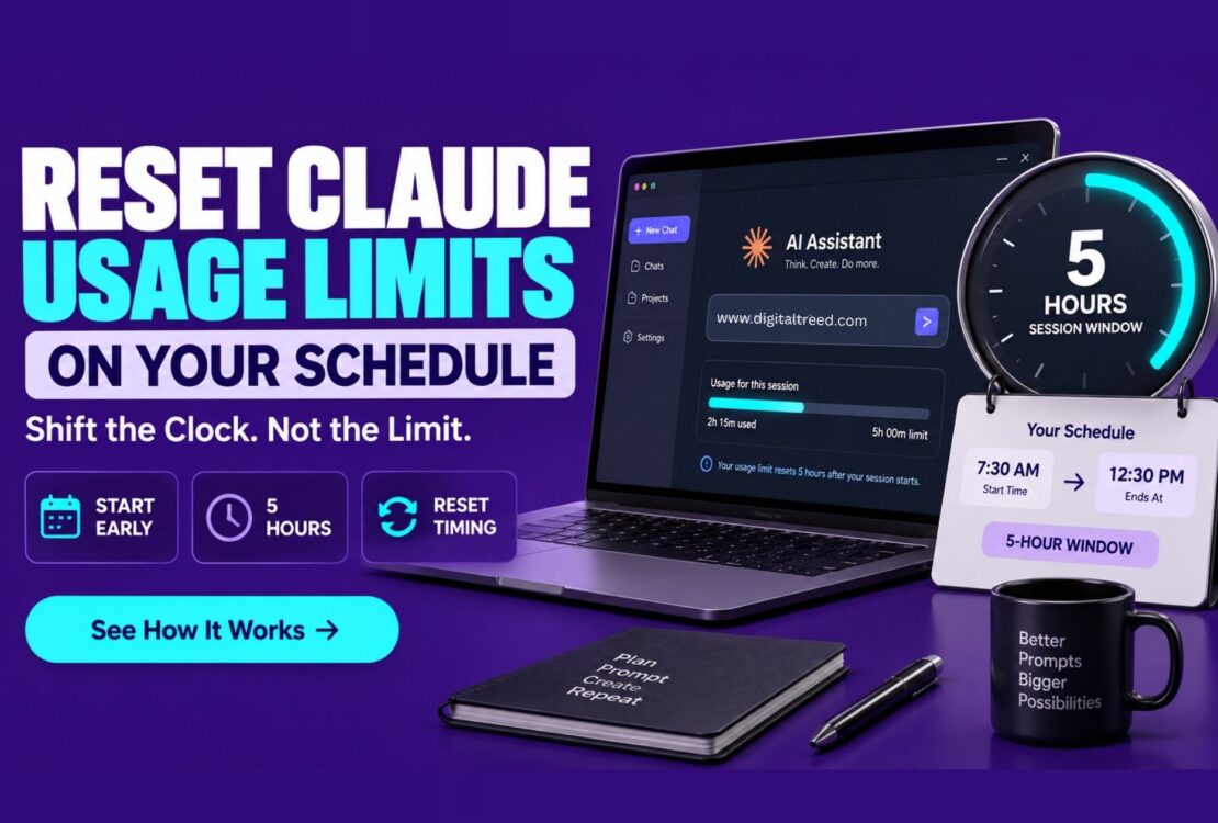 Claude AI usage limit scheduling concept showing a five-hour session window, clock timer, and scheduled reset time on a modern AI productivity interface