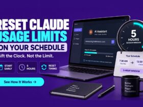 Claude AI usage limit scheduling concept showing a five-hour session window, clock timer, and scheduled reset time on a modern AI productivity interface