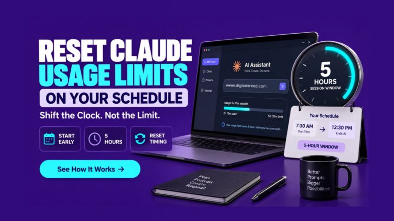 Claude AI usage limit scheduling concept showing a five-hour session window, clock timer, and scheduled reset time on a modern AI productivity interface