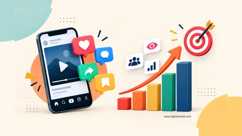 Infographic showing how digital creators can build social proof and boost engagement through social media interactions, audience growth, analytics, and targeted content.