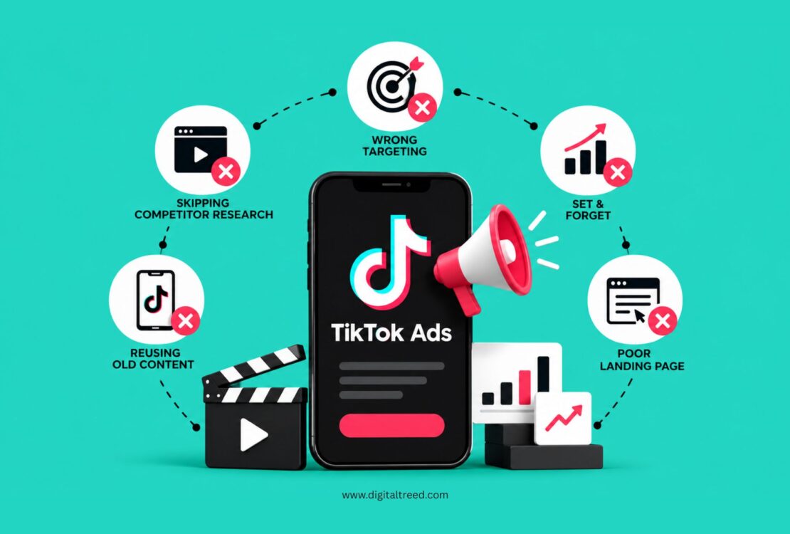 Infographic illustrating 5 common TikTok ads mistakes: wrong targeting, skipping competitor research, reusing old content, setting campaigns and forgetting them, and poor landing page alignment.