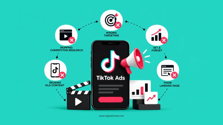 Infographic illustrating 5 common TikTok ads mistakes: wrong targeting, skipping competitor research, reusing old content, setting campaigns and forgetting them, and poor landing page alignment.