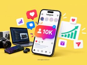 Infographic showing a tech creator’s Instagram growth strategy with 10K followers, engagement icons, coding and hardware tools, content creation, analytics, and rising profile visibility.