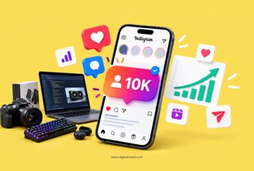 Infographic showing a tech creator’s Instagram growth strategy with 10K followers, engagement icons, coding and hardware tools, content creation, analytics, and rising profile visibility.