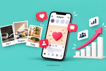 Infographic showing a rescue dog adoption journey on Instagram, with storytelling, social media engagement, community growth, milestones, and rising audience reach.