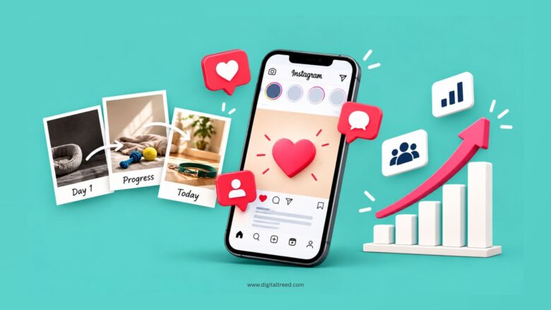 Infographic showing a rescue dog adoption journey on Instagram, with storytelling, social media engagement, community growth, milestones, and rising audience reach.